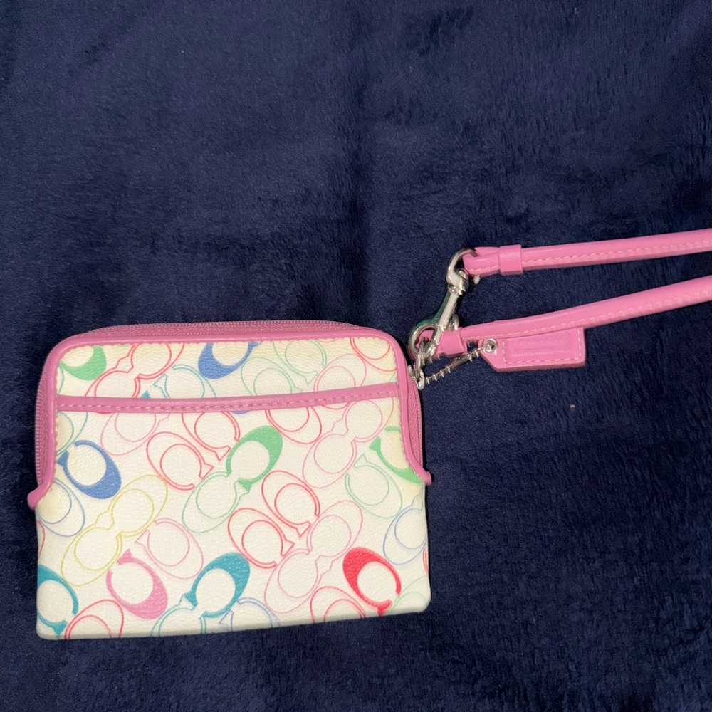 Coach Multicolor Signature Wristlet with Pink Trim